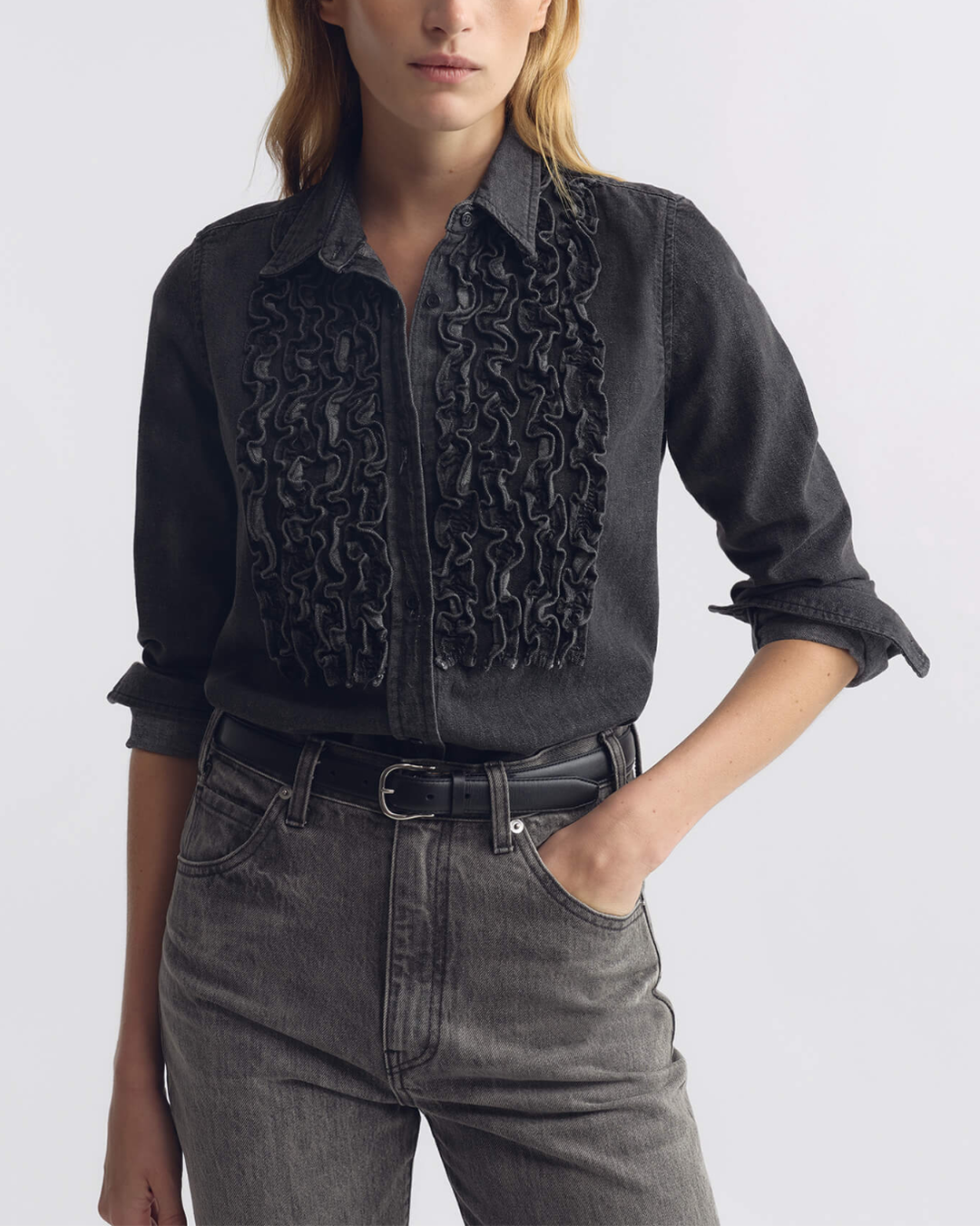 Emilie Denim Ruffle Shirt | Faded Black