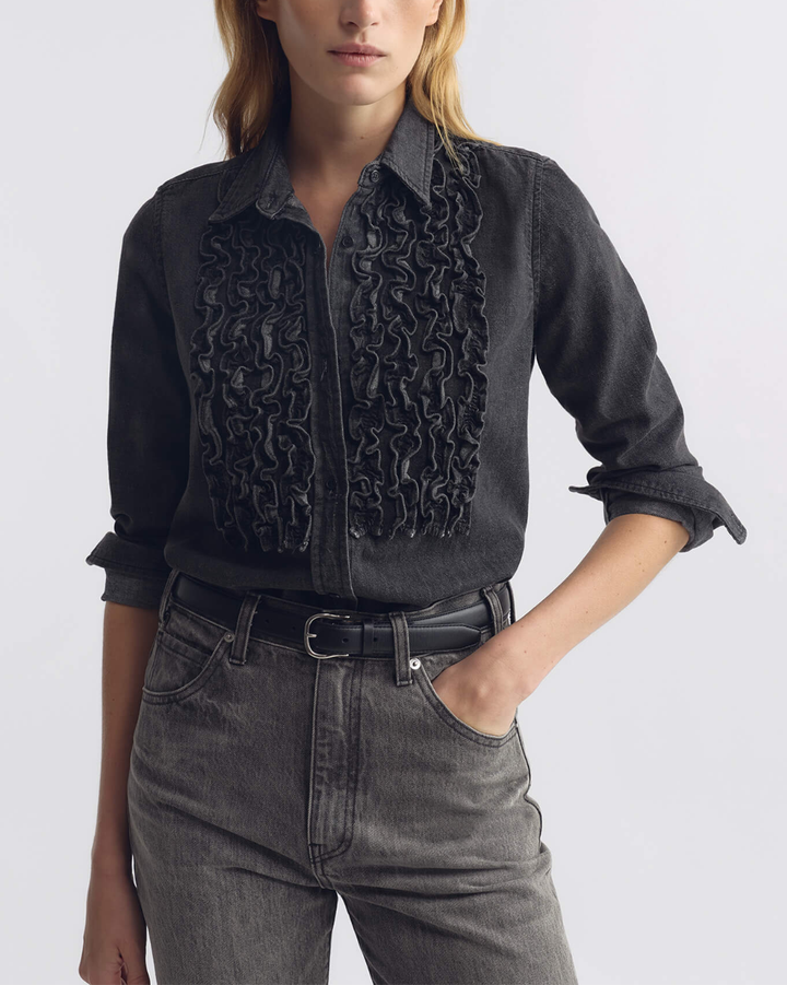 Emilie Denim Ruffle Shirt | Faded Black