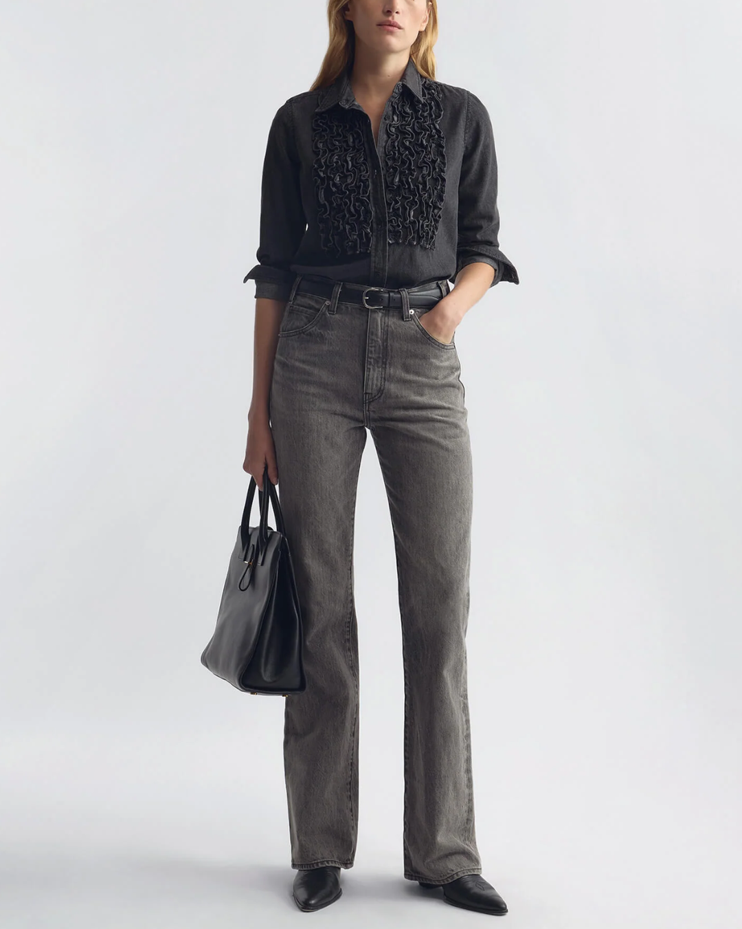 Emilie Denim Ruffle Shirt | Faded Black