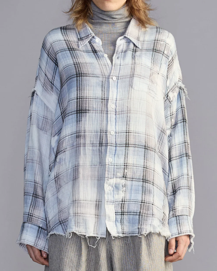 Shredded Seam Drop Neckshirt | Blue Bleached Plaid
