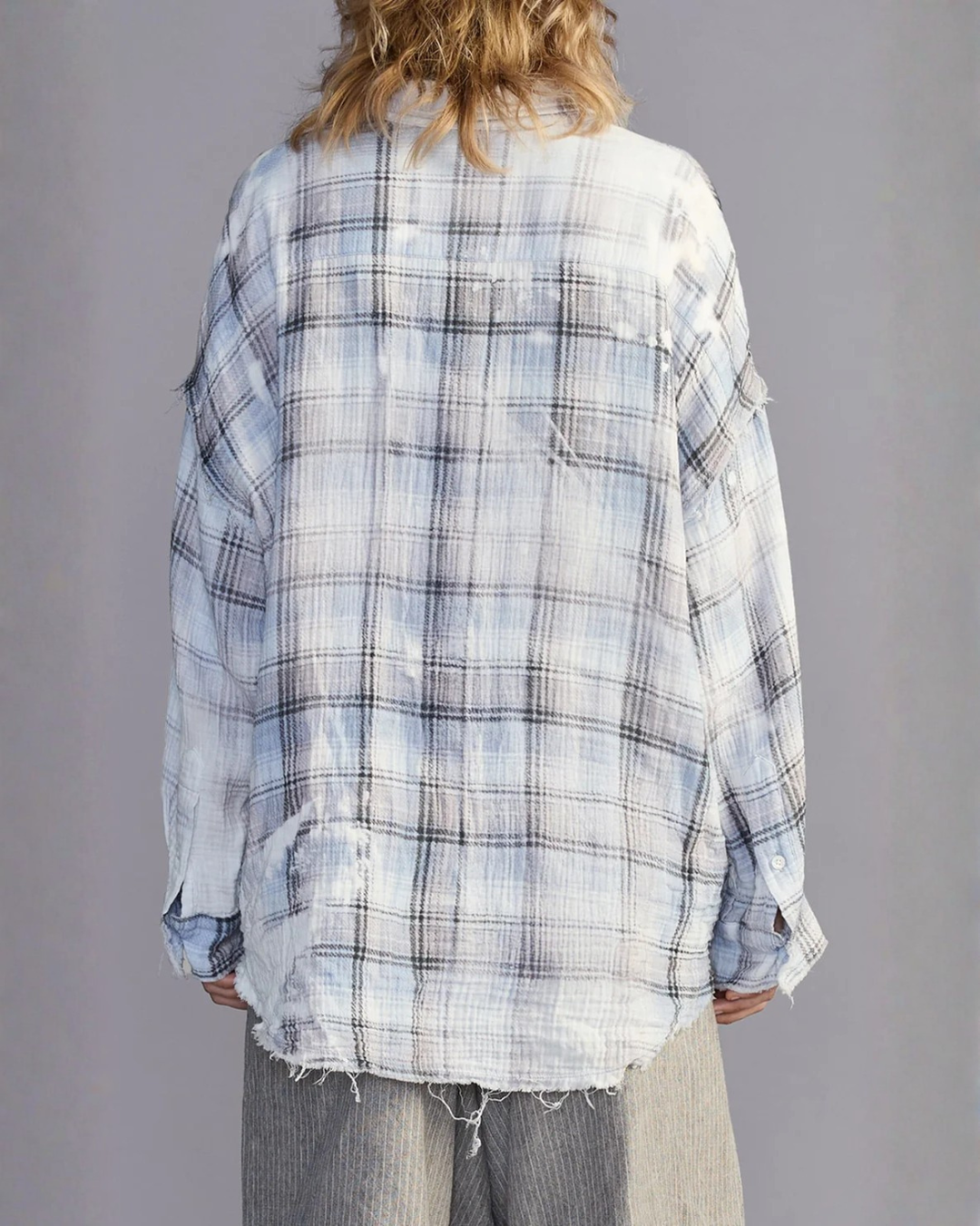 Shredded Seam Drop Neckshirt | Blue Bleached Plaid