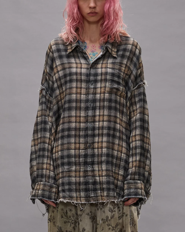 Shredded Seam Drop Neck Shirt | Grey Cream Plaid