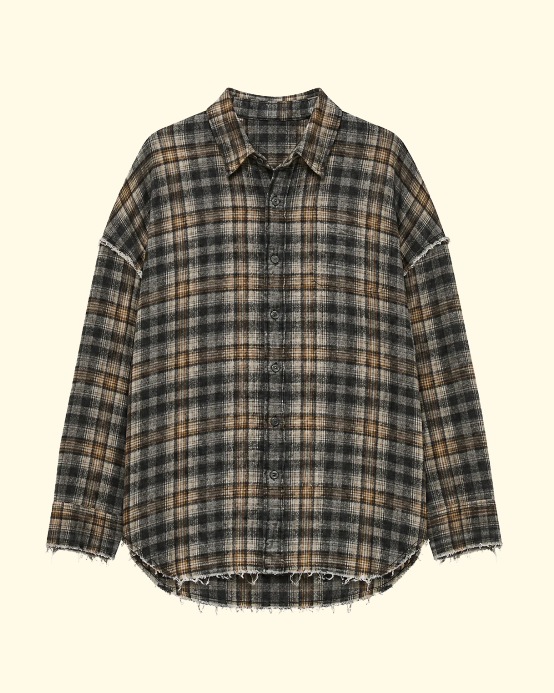 Shredded Seam Drop Neck Shirt | Grey Cream Plaid