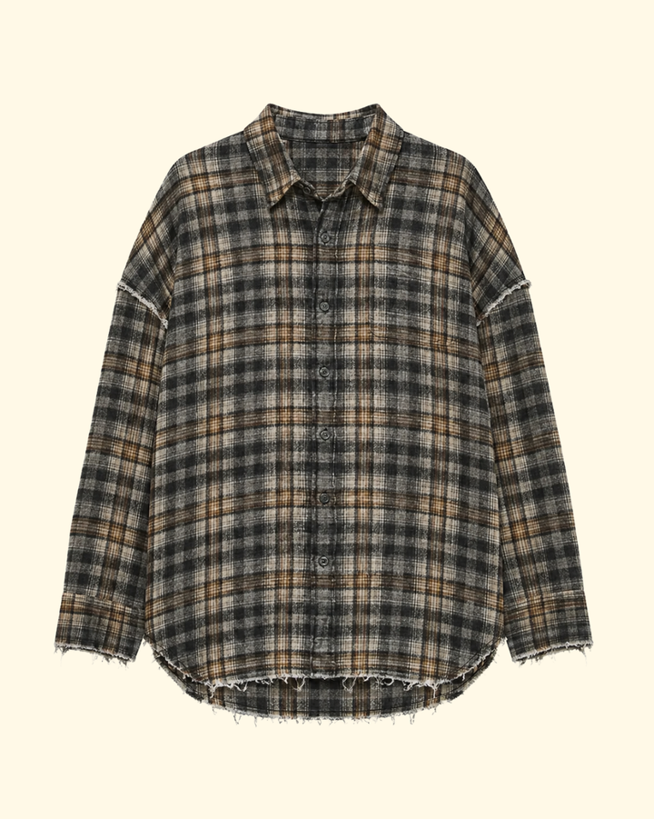 Shredded Seam Drop Neck Shirt | Grey Cream Plaid