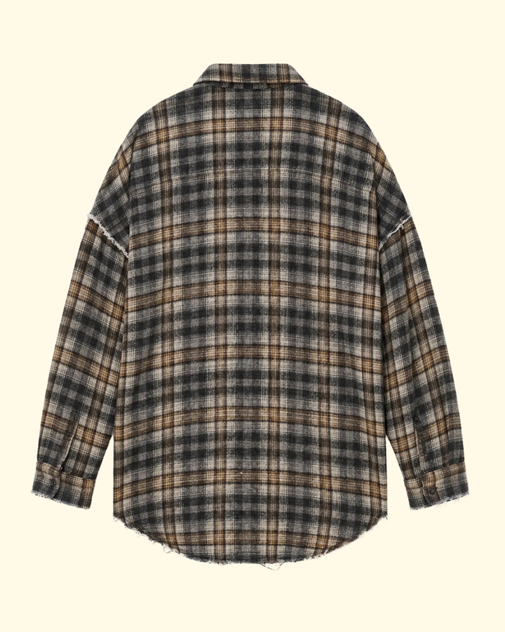 Shredded Seam Drop Neck Shirt | Grey Cream Plaid
