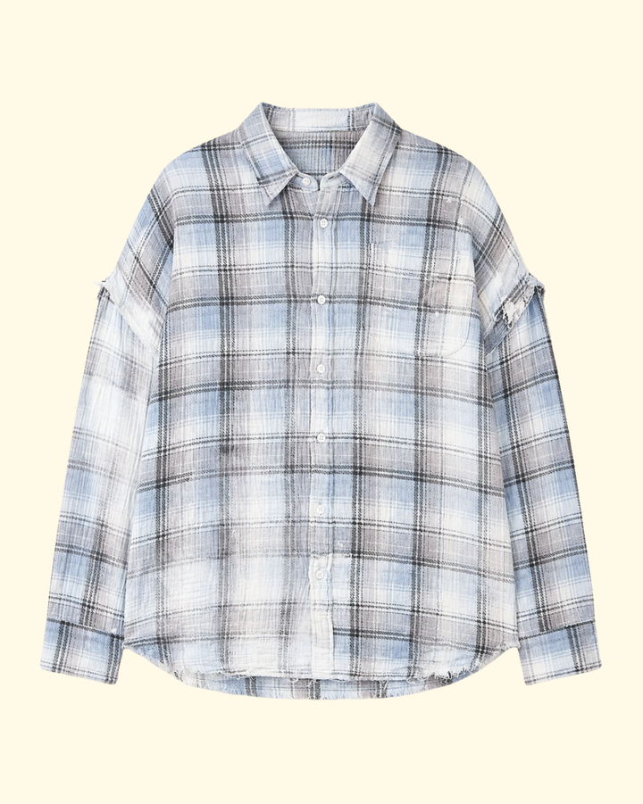 Shredded Seam Drop Neckshirt | Blue Bleached Plaid