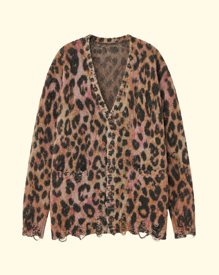 Printed Oversized Cardigan | Light Brown Pink Leopard