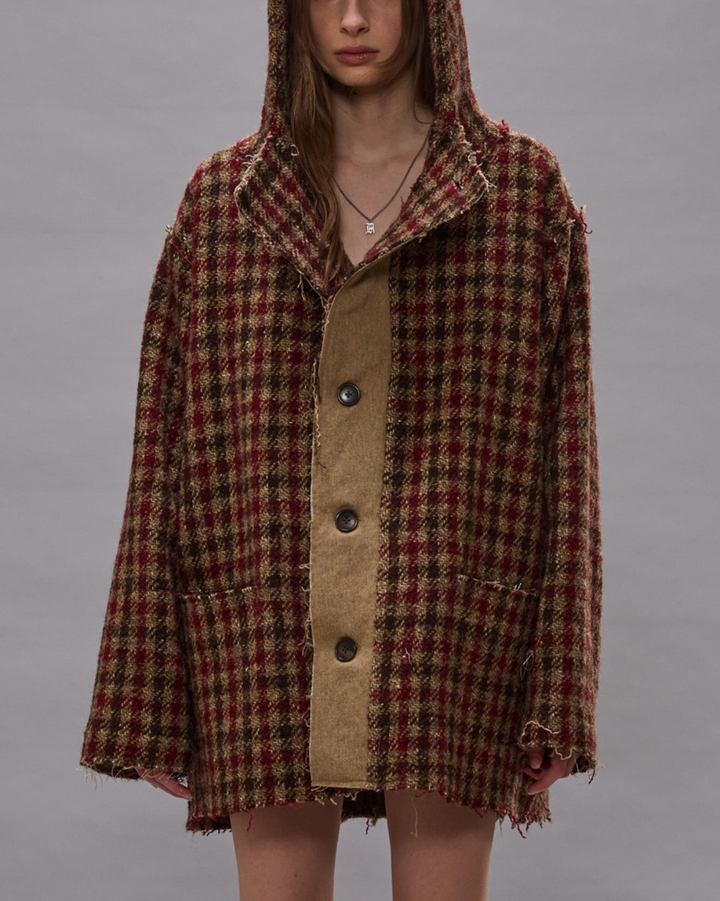 Oversized Hooded Jacket | Khaki/Red Check