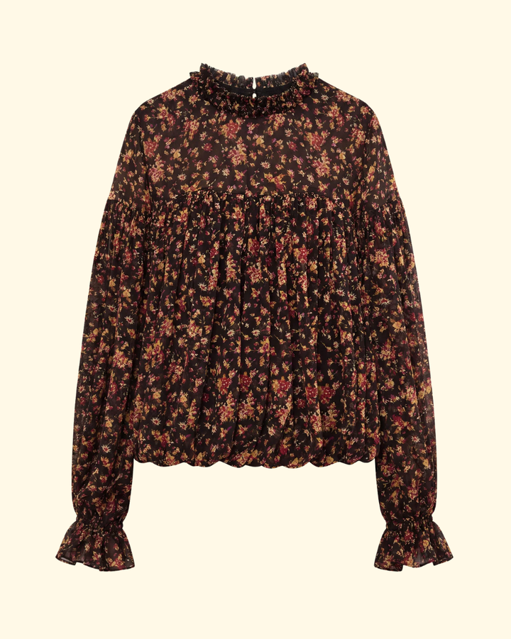 Pearl LS Silk Blouse | Noir Mille-Fleur