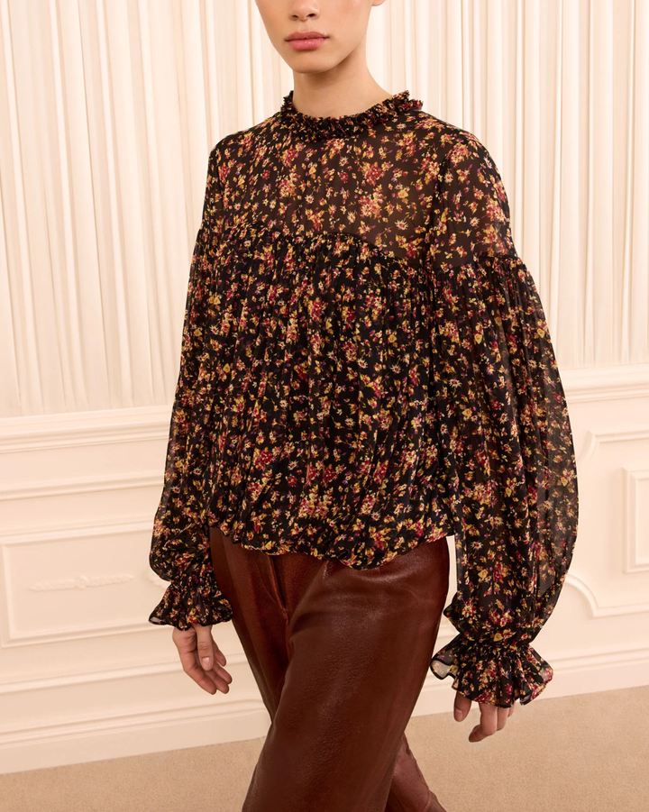 Pearl LS Silk Blouse | Noir Mille-Fleur
