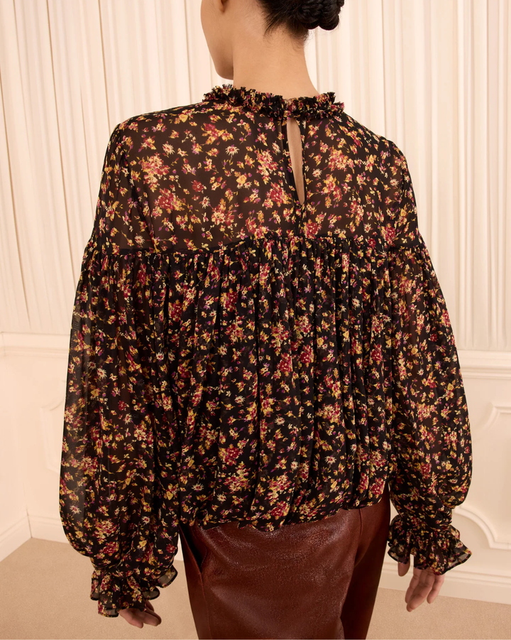 Pearl LS Silk Blouse | Noir Mille-Fleur