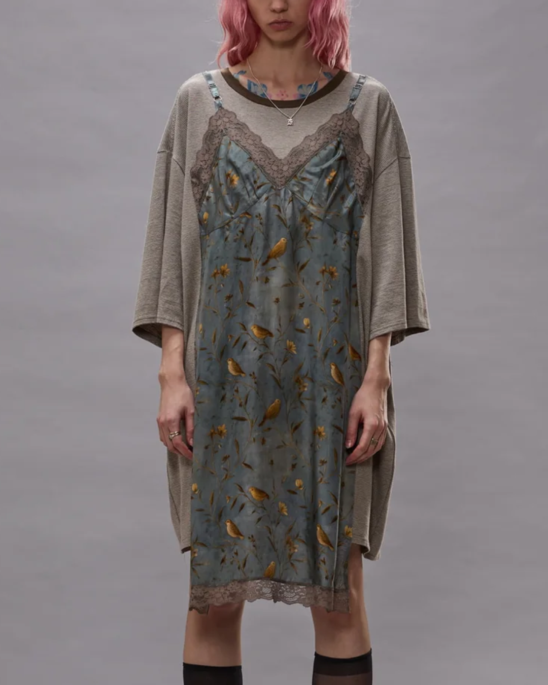 Oversized Tee Dress W Slip | Khaki Stripe