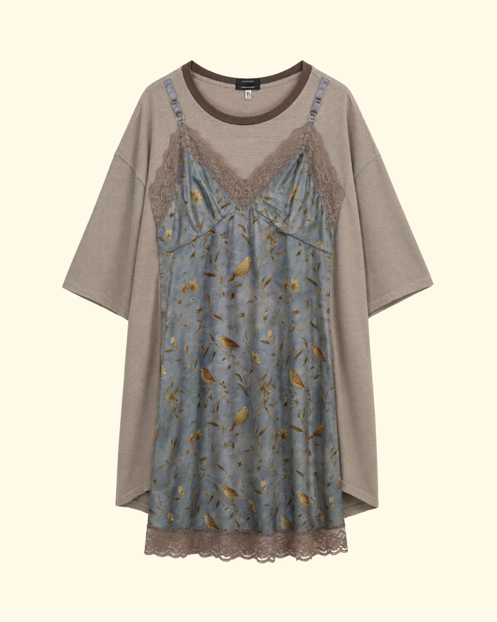 Oversized Tee Dress W Slip | Khaki Stripe