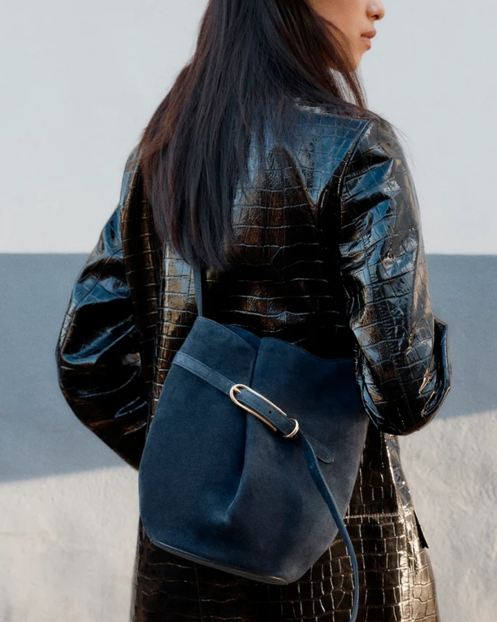 Belted Bucket Bag | Navy Suede