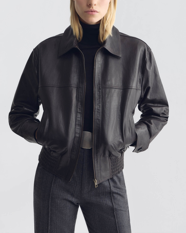Aime Leather Bomber Jacket | Brown