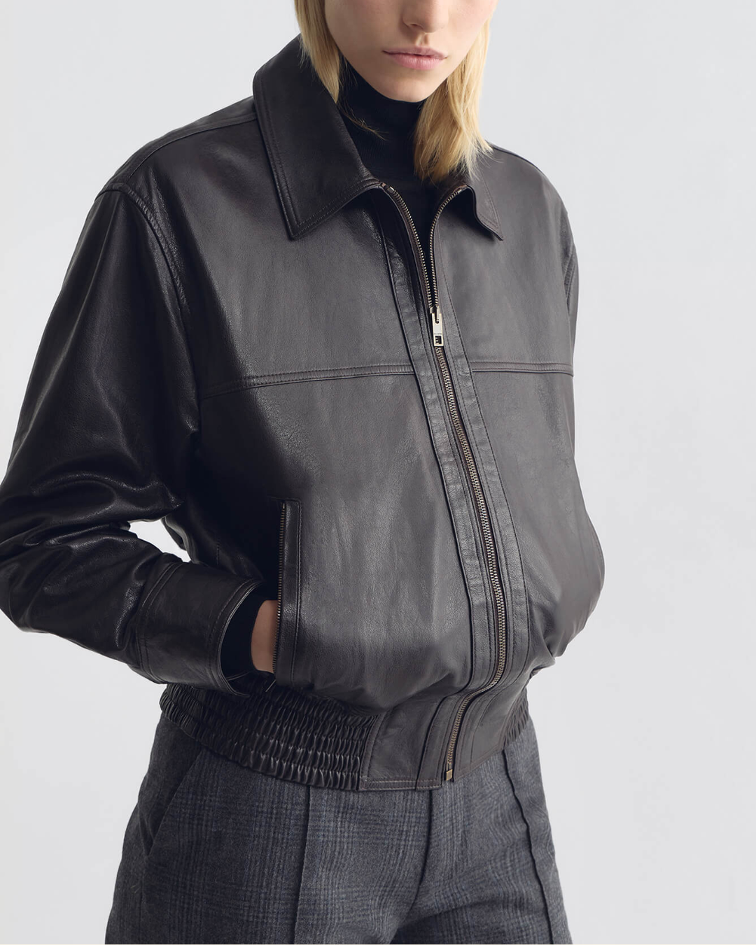 Aime Leather Bomber Jacket | Brown