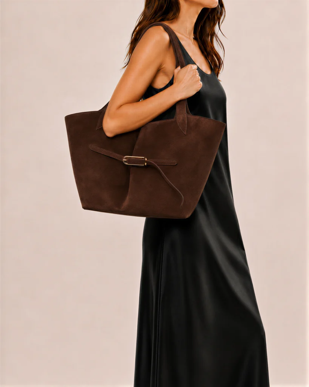Belted Tote Bag | Dark Brown Suede