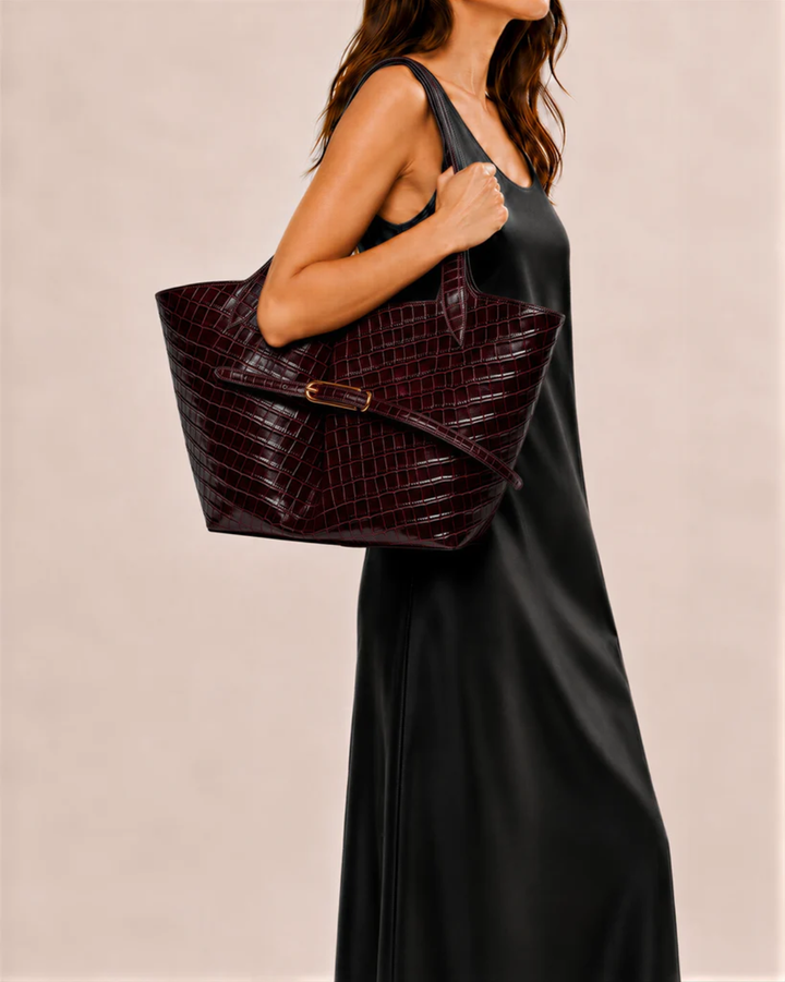 Belted Tote Bag | Burgundy Croc