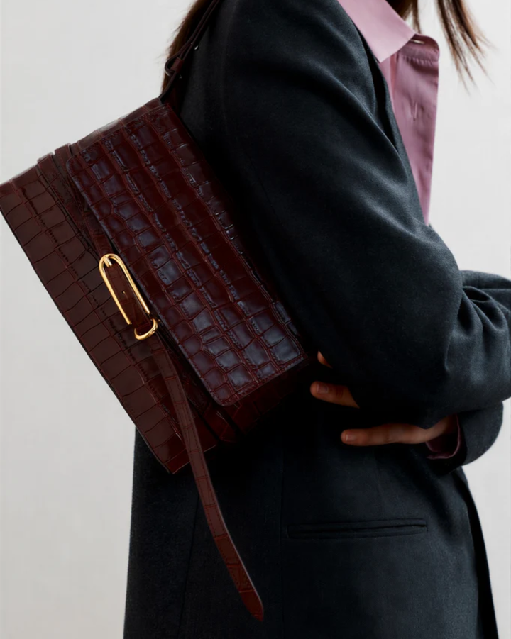Belted Shoulder Bag | Burgundy Croc