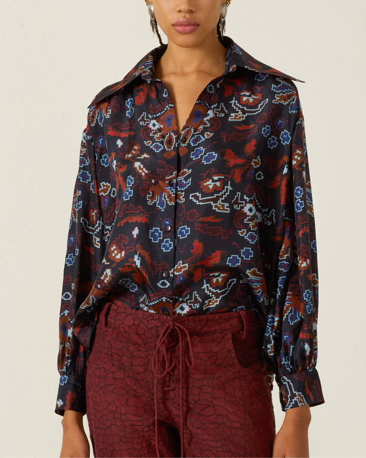 Emery Indigo Kilim Silk Shirt | Dark Blue