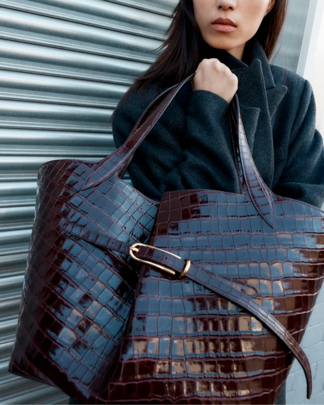 Belted Tote Bag | Burgundy Croc