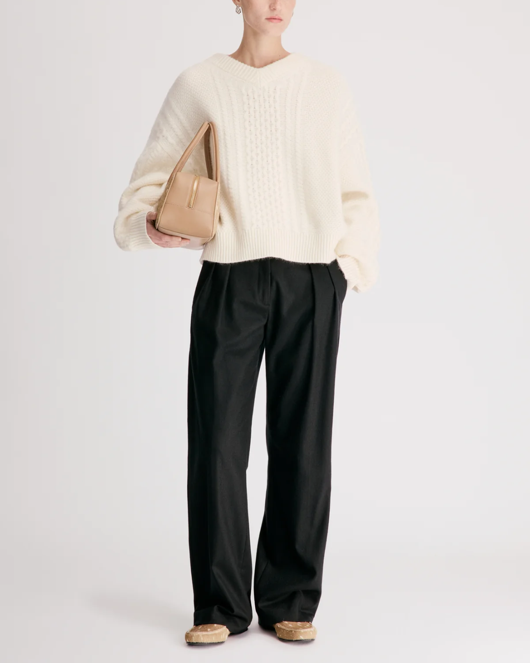 Lucio V-Neck Cable Sweater | Ivory