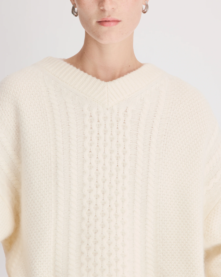 Lucio V-Neck Cable Sweater | Ivory