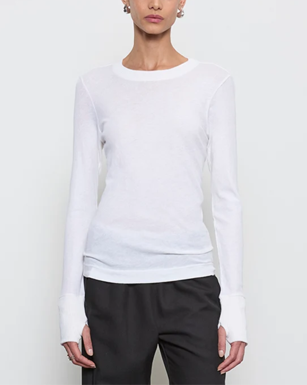 Fine Cashmere Jersey Easy Cuffed Crew | White