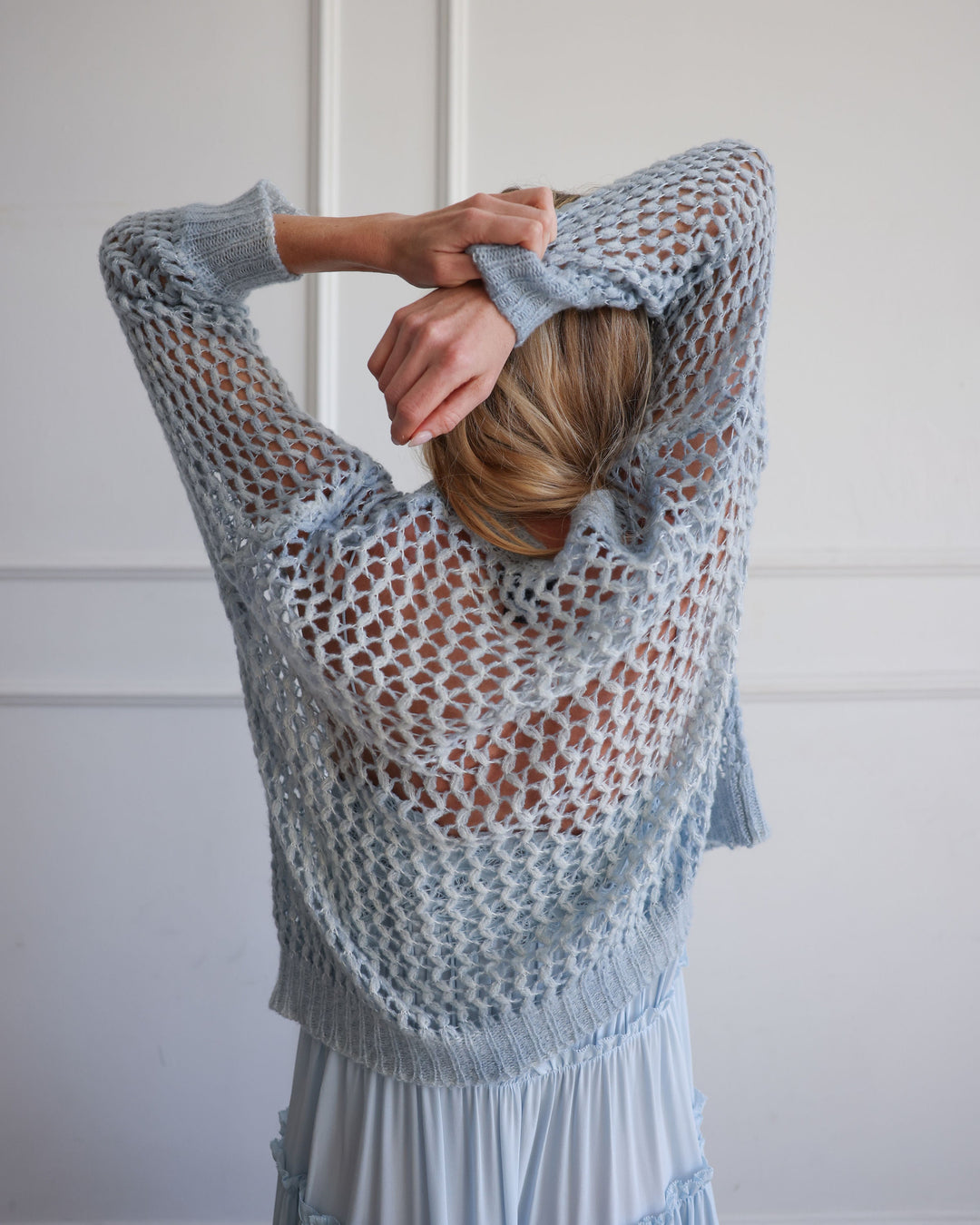Hand Painted Lace Stitch Pullover | Dusty Blue