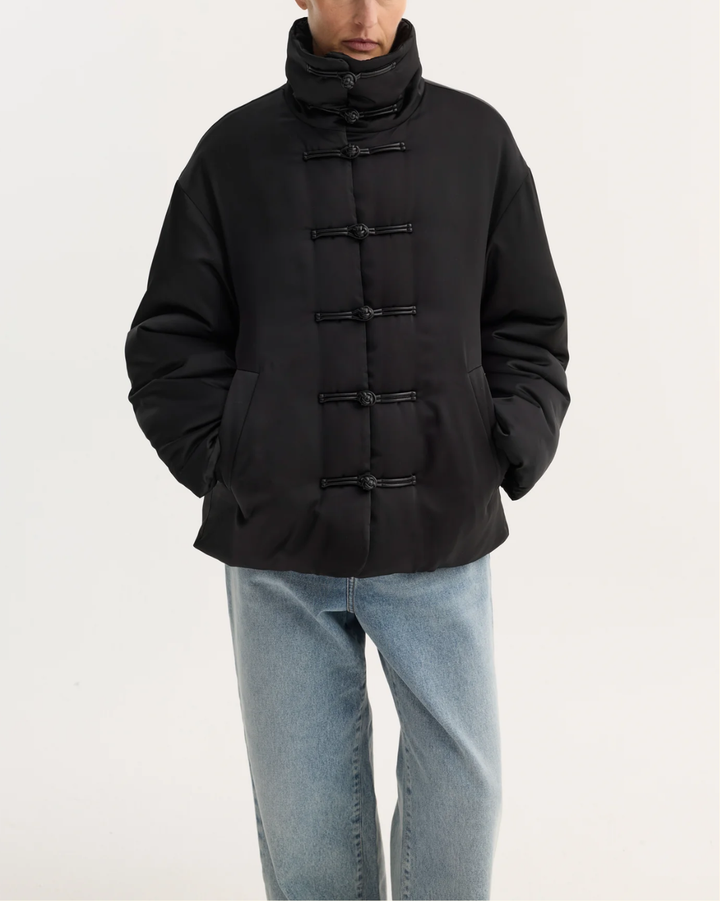 Mandarin Satin Padded Jacket | Black