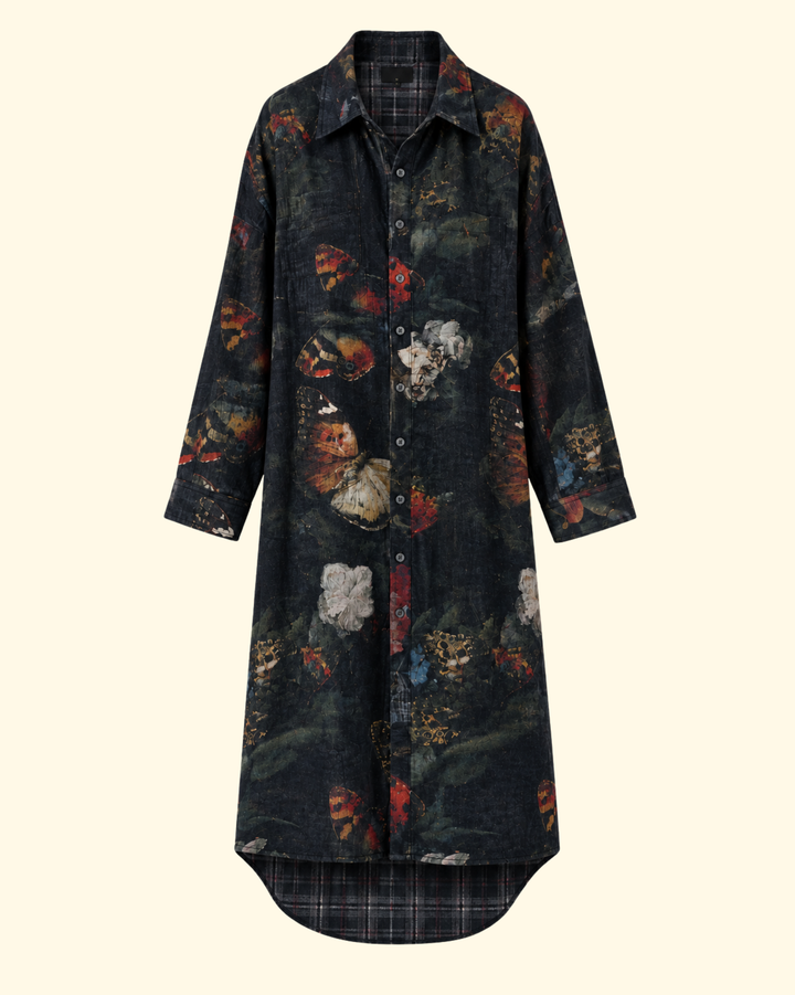 Reversible Jumbo Shirtdress | Black Multicolor Butterflies W Plaid