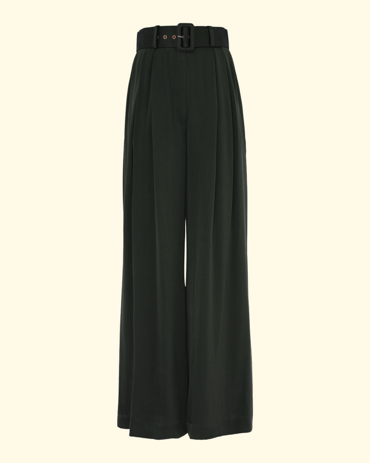 Silk Tuck Pant | Dark Green
