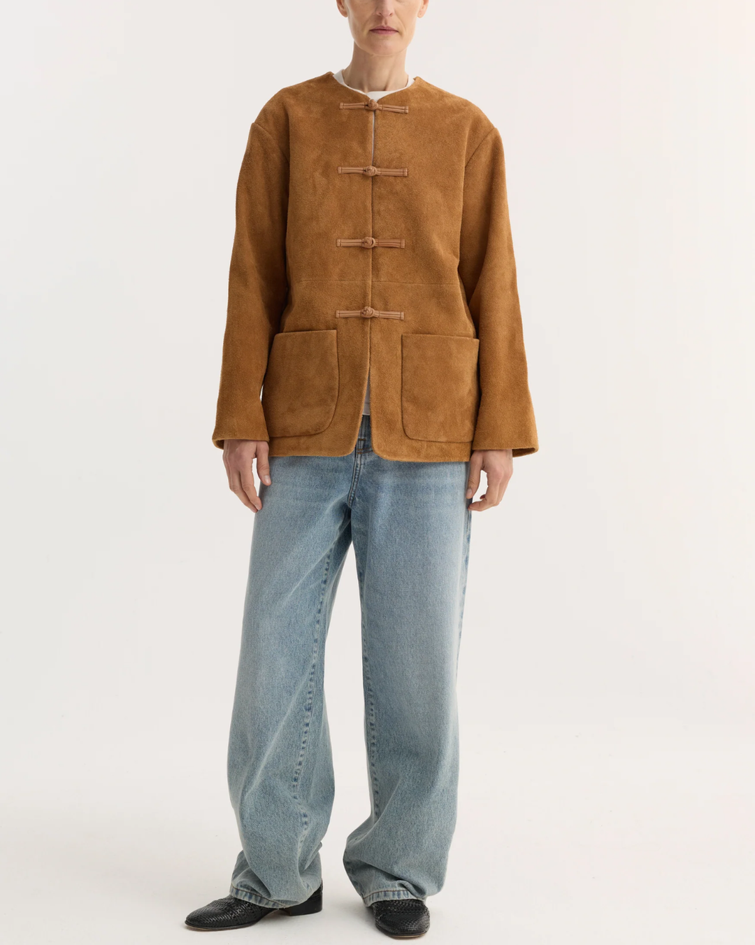 Mandarin Textured Suede Jacket | Cognac