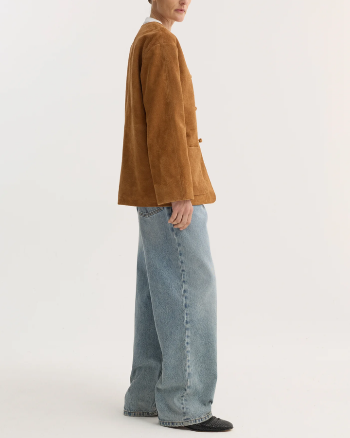 Mandarin Textured Suede Jacket | Cognac