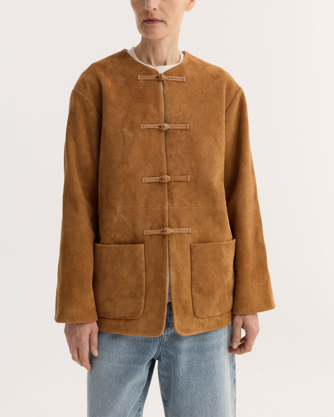 Mandarin Textured Suede Jacket | Cognac