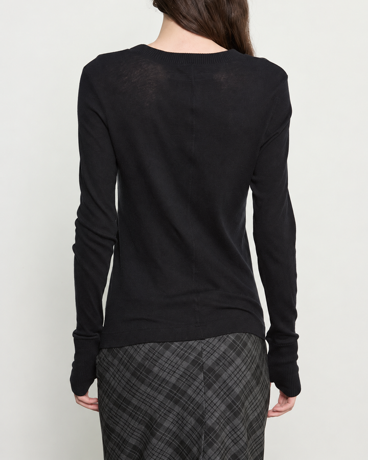 Fine Cashmere Jersey Easy Cuffed Crew in Black — back view