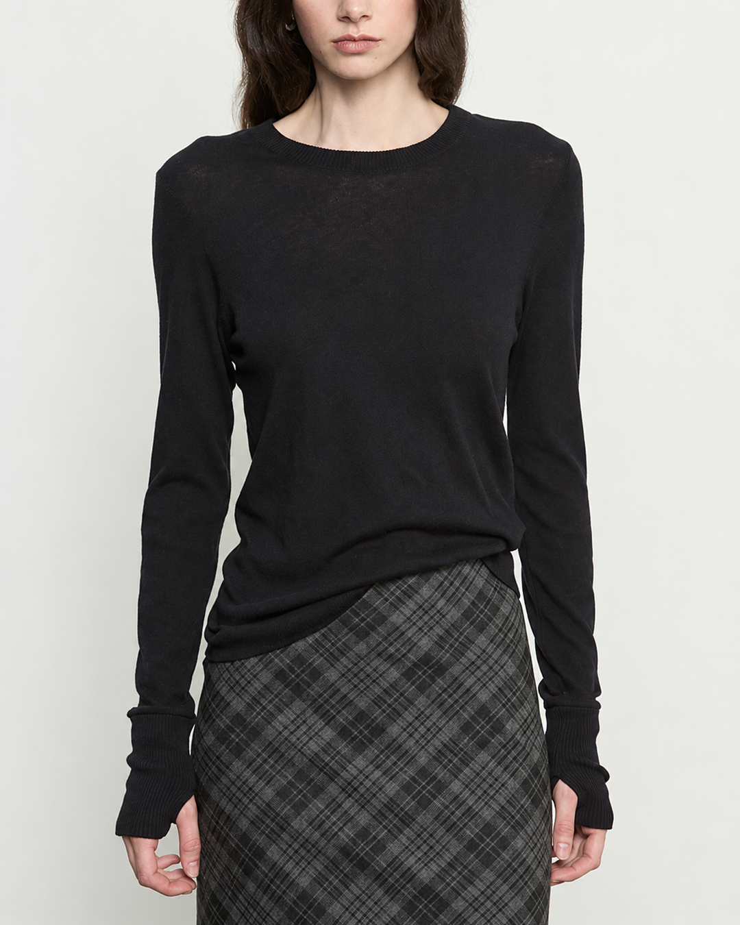Fine Cashmere Jersey Easy Cuffed Crew in Black — close front view