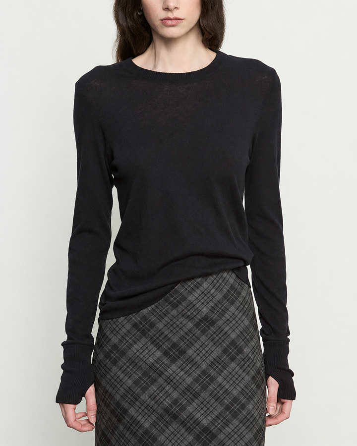 Fine Cashmere Jersey Easy Cuffed Crew in Black — close front view
