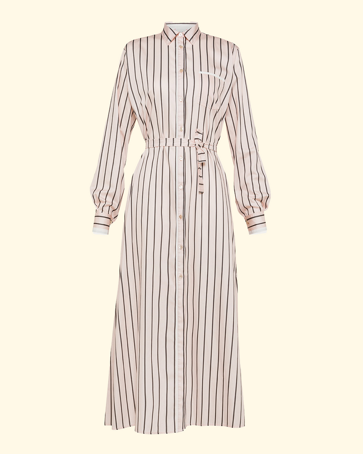 Chic Satin Stripe Kaftan Chemisier Dress | Oyster