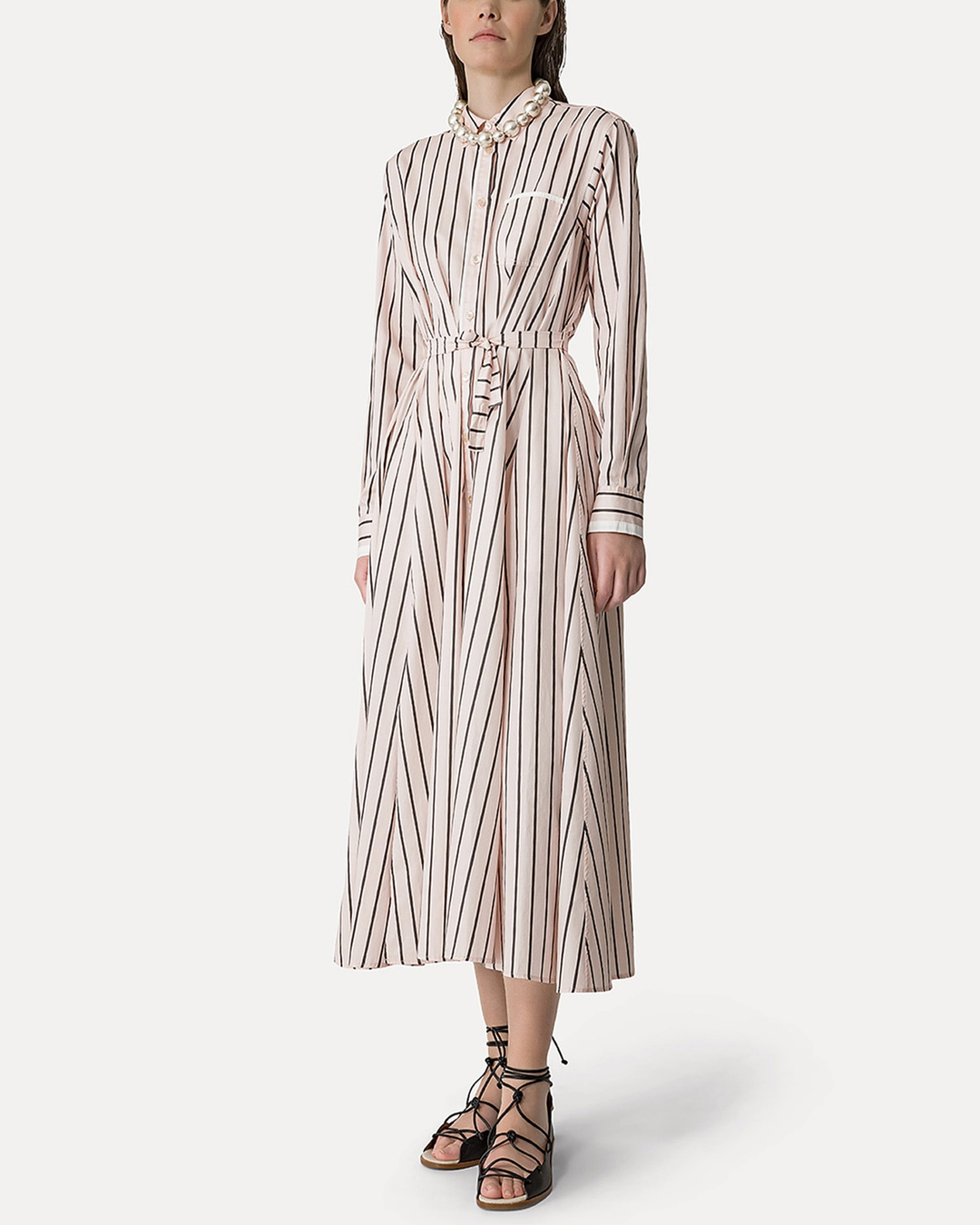 Chic Satin Stripe Kaftan Chemisier Dress | Oyster