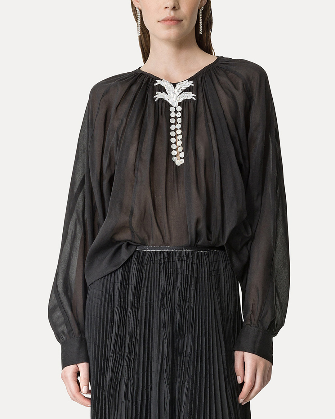 Pearl Embroidery Bohemian Shirt | Nero