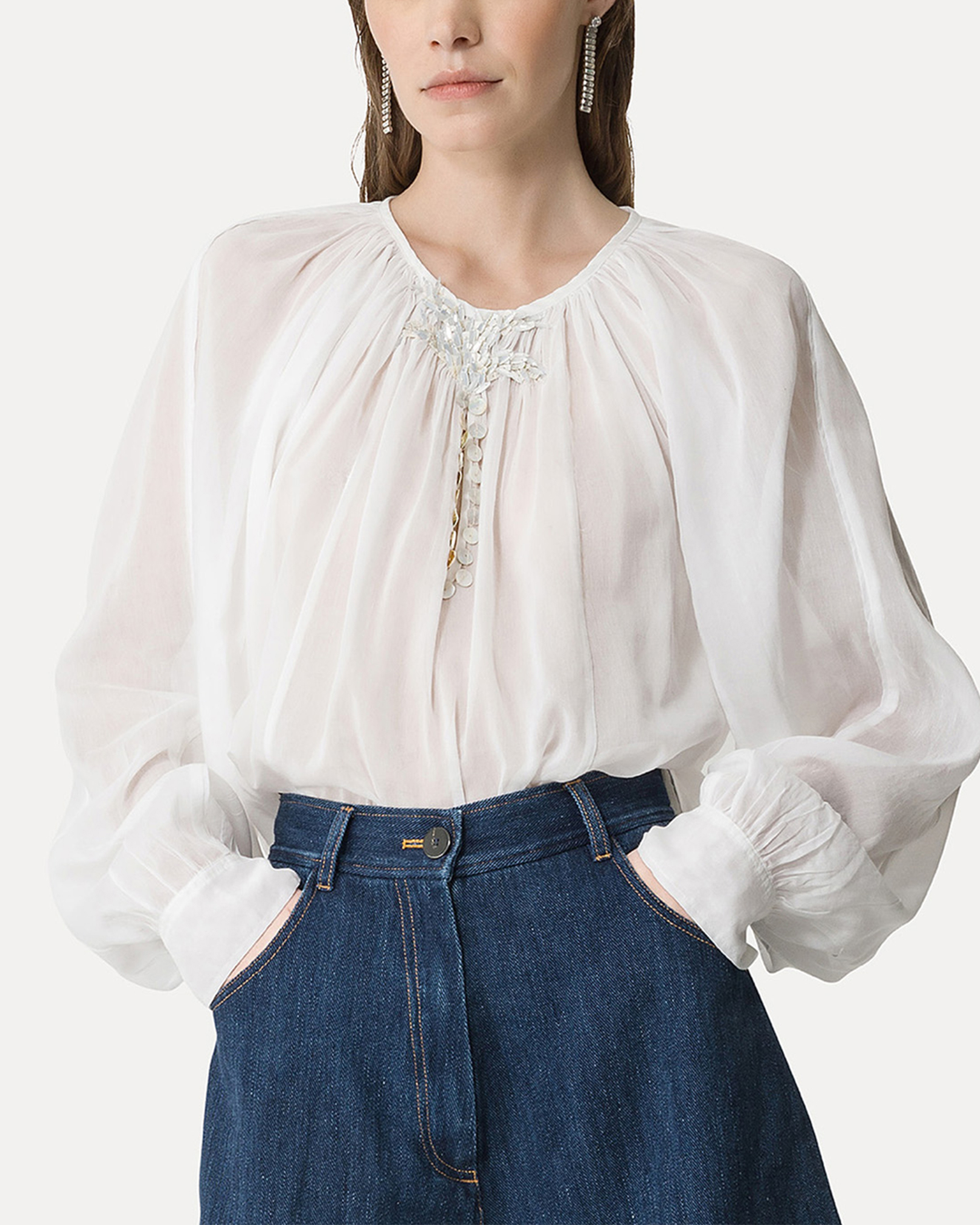 Pearl Embroidery Bohemian Shirt | Bianco