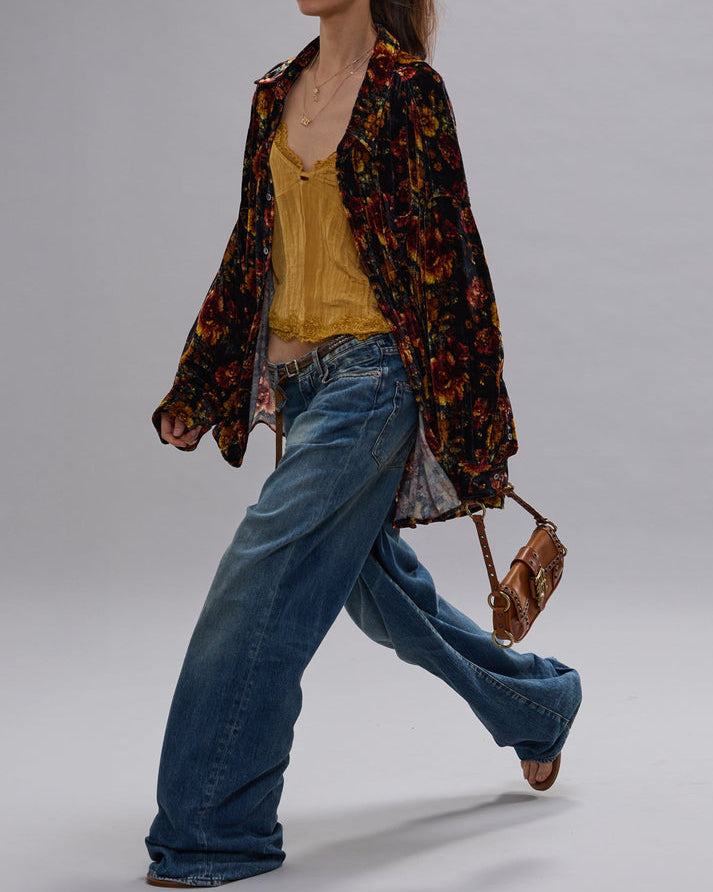 Drop Neck Shirt | Orange Multi Floral Velvet