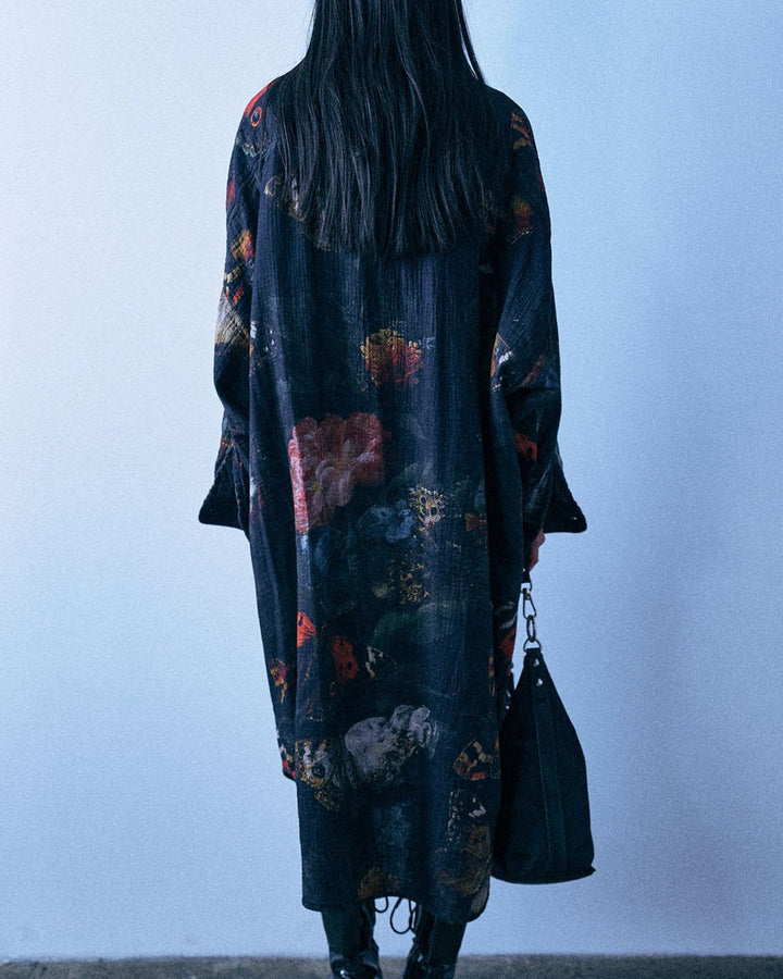 Reversible Jumbo Shirtdress | Black Multicolor Butterflies W Plaid