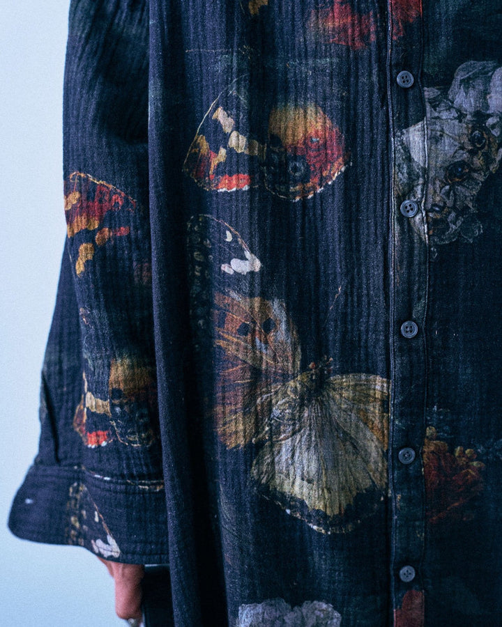 Reversible Jumbo Shirtdress | Black Multicolor Butterflies W Plaid