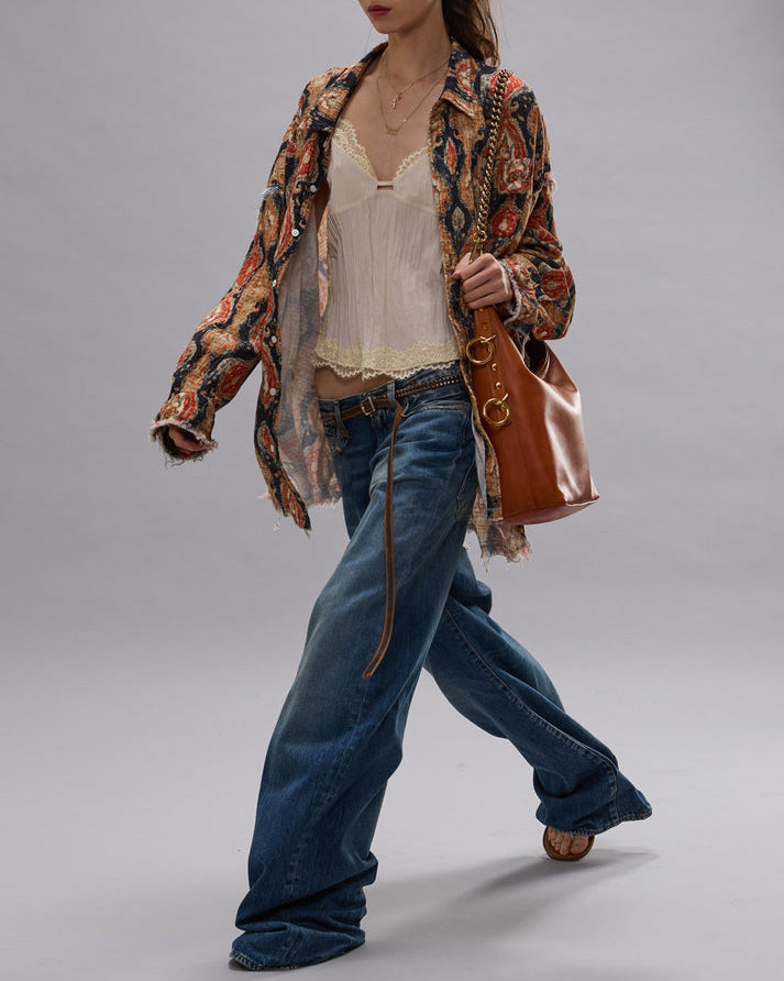 Shredded Seam Drop Neck Shirt | Orange Dark Navy