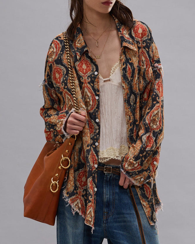 Shredded Seam Drop Neck Shirt | Orange Dark Navy