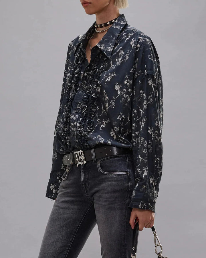Shredded Seam Ruffle Shirt | Floral on Black