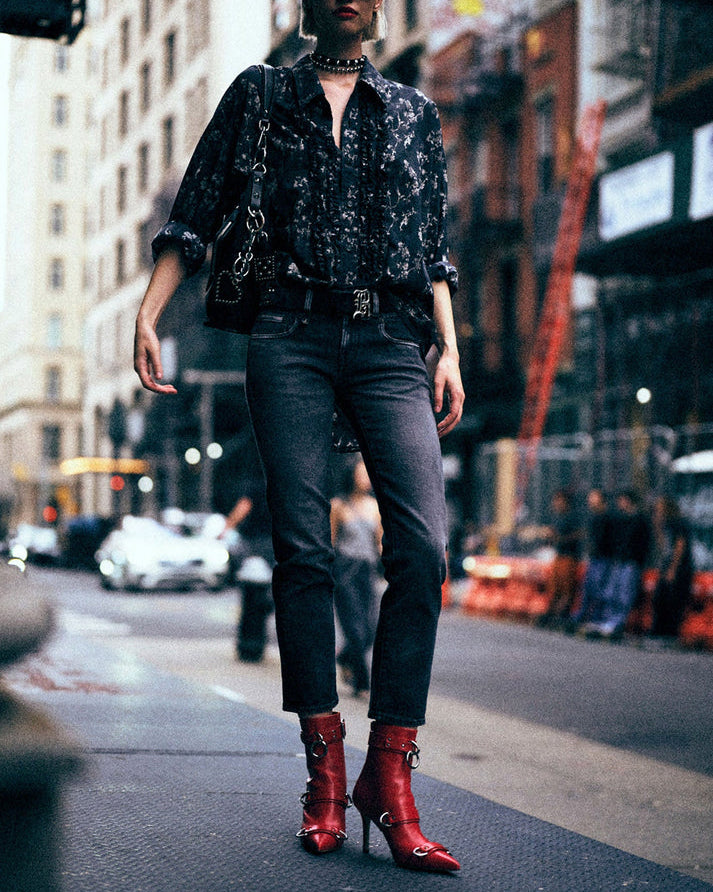 Shredded Seam Ruffle Shirt | Floral on Black