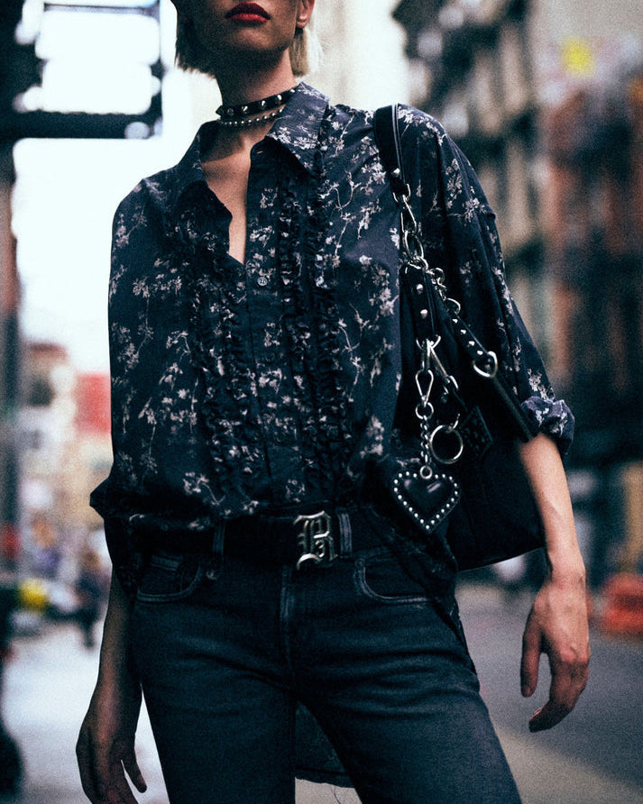 Shredded Seam Ruffle Shirt | Floral on Black